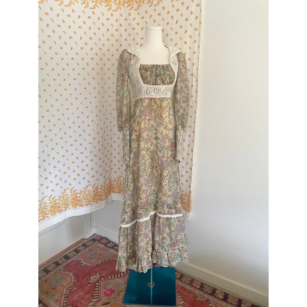 Rare 70s Gunne Sax Lace Hood Floral Prairie Maxi Dress Size 9 - Picture 8 of 14